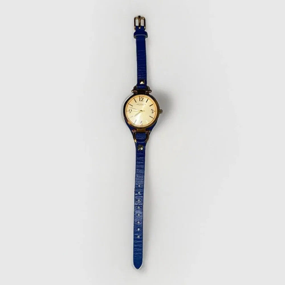 Akribos XXIV AK761BU Swiss Quartz Goldtone Blue Leather Strap Womens Watch